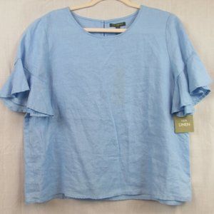 NWT For Cynthia 100% Linen Ruffle Sleeves Sky Blue Top Women's Size PXL WT